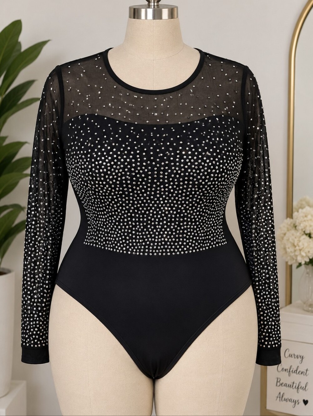 Macy's Black Long-Sleeve Studded Sheer-Panel Bodysuit
